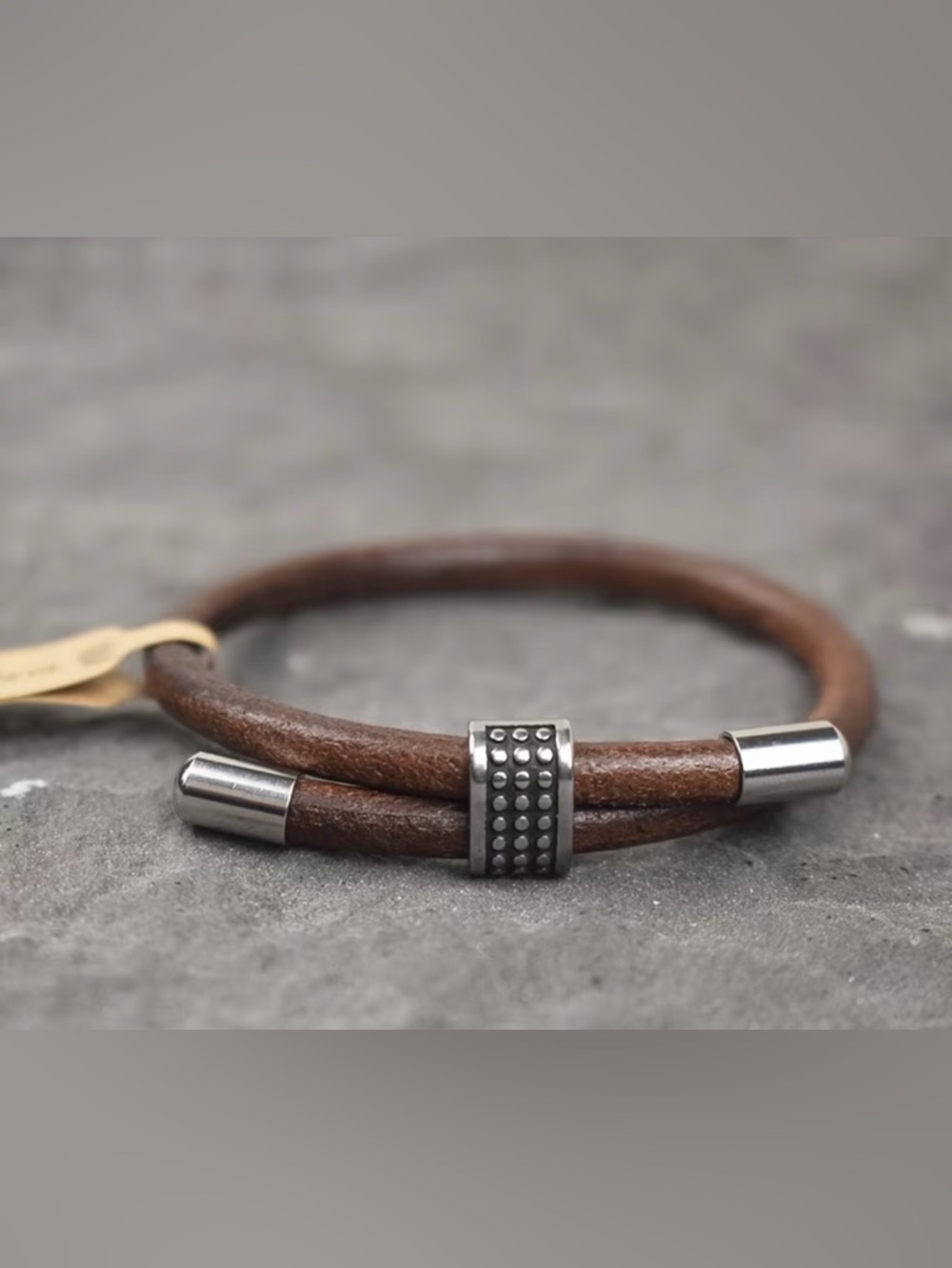 Brown Double Leather Men's Bracelet with Stainless Accents